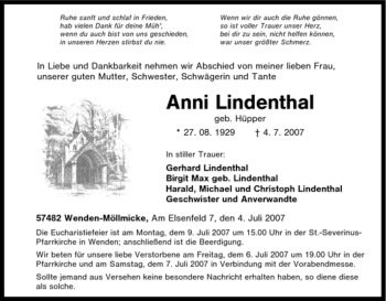Traueranzeige von Anni Lindenthal von Tageszeitung