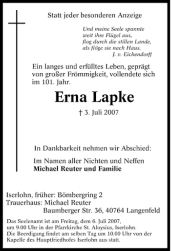 Traueranzeige von Erna Lapke von Tageszeitung