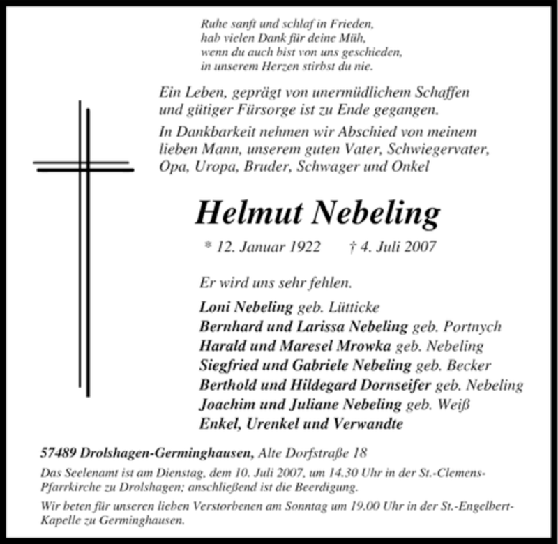  Traueranzeige für Helmut Nebeling vom 05.07.2007 aus Tageszeitung