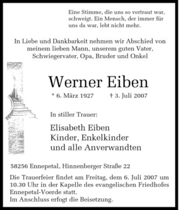 Traueranzeige von Werner Eiben von Tageszeitung
