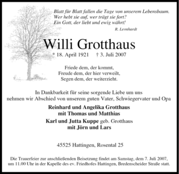 Traueranzeige von Willi Grotthaus von Tageszeitung
