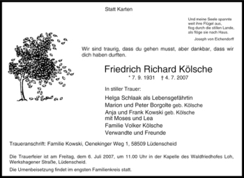 Traueranzeige von Friedrich Richard Kölsche von Tageszeitung