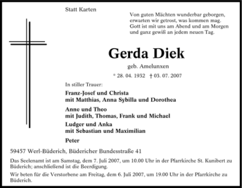 Traueranzeige von Gerda Diek von Tageszeitung