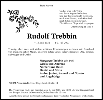 Traueranzeige von Rudolf Trebbin von Tageszeitung