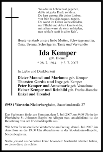 Traueranzeige von Ida Kemper von Tageszeitung