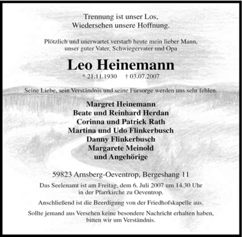  Traueranzeige für Leo Heinemann vom 05.07.2007 aus Tageszeitung