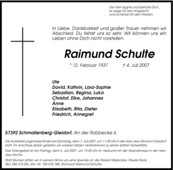 Traueranzeige von Raimund Schulte von Tageszeitung