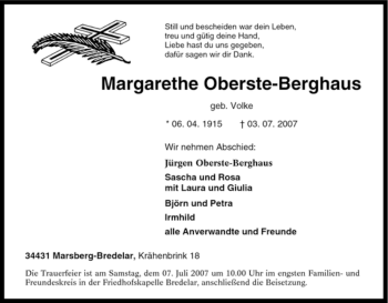 Traueranzeige von Margarethe Oberste-Berghaus von Tageszeitung