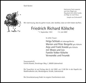 Traueranzeige von Friedrich Richard Kölsche von Tageszeitung