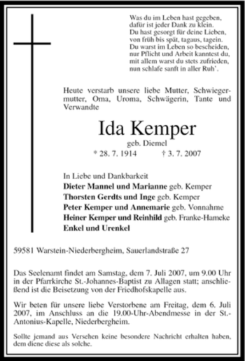 Traueranzeige von Ida Kemper von Tageszeitung