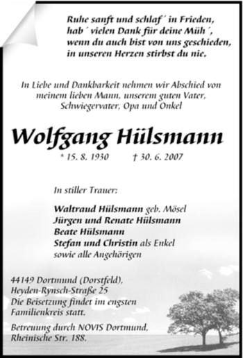 Traueranzeige von Wolfgang Hülsmann von Tageszeitung