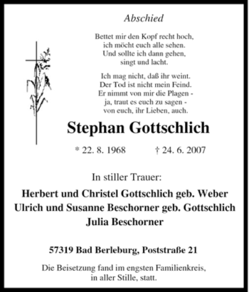 Traueranzeige von Stephan Gottschlich von Tageszeitung