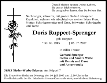 Traueranzeige von Doris Ruppert-Sprenger von Tageszeitung