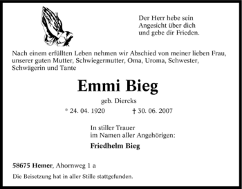 Traueranzeige von Emmi Bieg von Tageszeitung