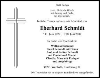 Traueranzeige von Eberhard Schmidt von Tageszeitung