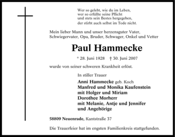 Traueranzeige von Paul Hammecke von Tageszeitung