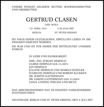Traueranzeige von Gertrud Clasen von Tageszeitung