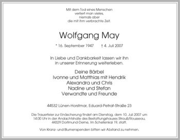Traueranzeige von Wolfgang May von Tageszeitung