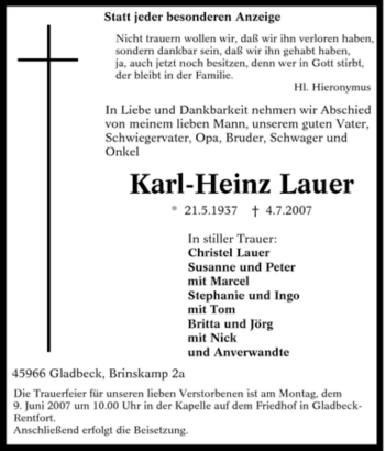 Traueranzeigen von KarlHeinz Lauer TrauerinNRW.de