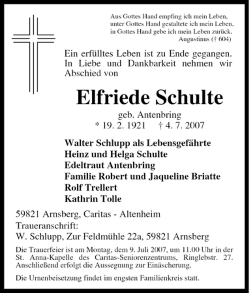  Traueranzeige für Elfriede Schulte vom 06.07.2007 aus Tageszeitung