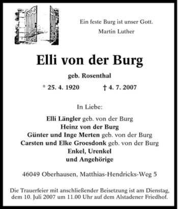 Traueranzeige von Elli von der Burg von Tageszeitung