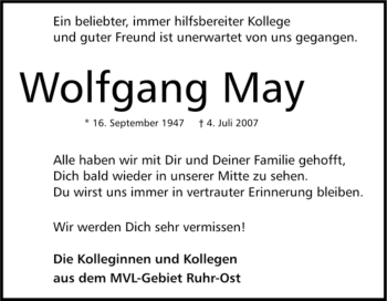 Traueranzeige von Wolfgang May von Tageszeitung