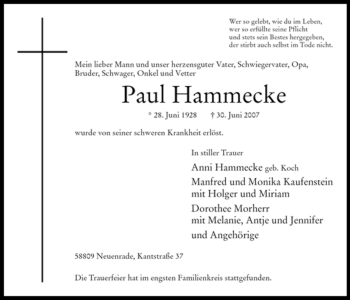 Traueranzeige von Paul Hammecke von Tageszeitung