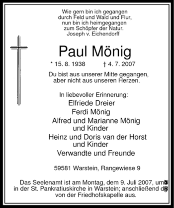 Traueranzeige von Paul Mönig von Tageszeitung