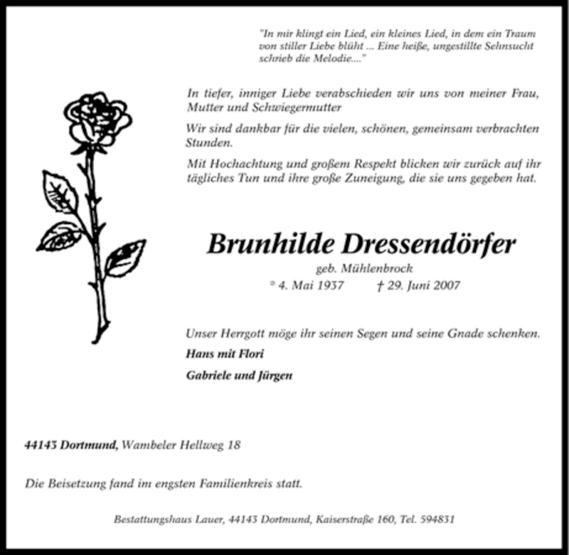  Traueranzeige für Brunhilde Dressendörfer vom 07.07.2007 aus Tageszeitung
