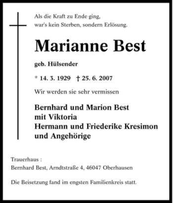 Traueranzeige von Marianne Best von Tageszeitung