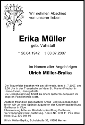 Traueranzeige von Erika Müller von Tageszeitung
