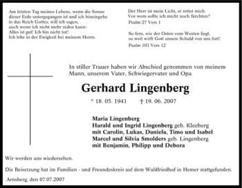 Traueranzeige von Gerhard Lingenberg von Tageszeitung