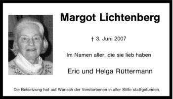 Traueranzeige von Margot Lichtenberg von Tageszeitung
