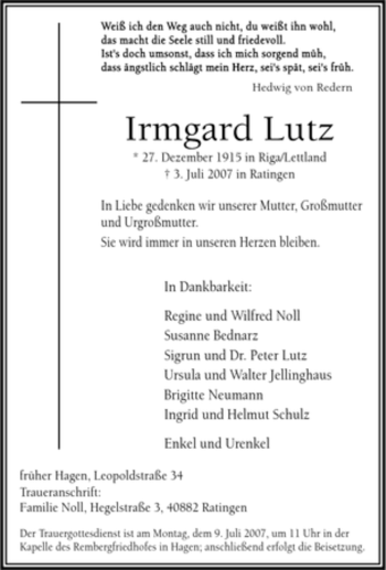 Traueranzeige von Irmgard Lutz von Tageszeitung