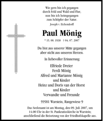 Traueranzeige von Paul Mönig von Tageszeitung