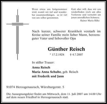 Traueranzeige von Günther Reisch von Tageszeitung