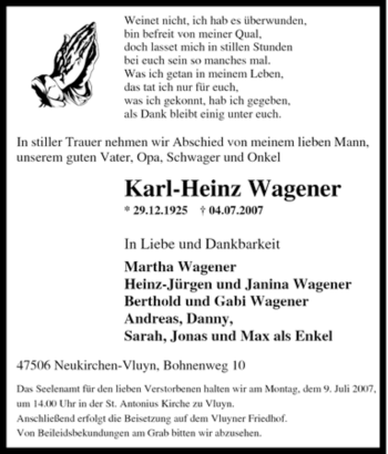 Traueranzeige von Karl-Heinz Wagener von Tageszeitung