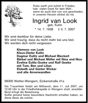 Traueranzeige von Ingrid van Look von Tageszeitung