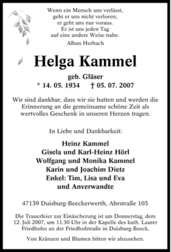 Traueranzeige von Helga Kammel von Tageszeitung