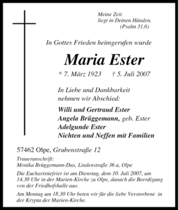 Traueranzeige von Maria Ester von Tageszeitung