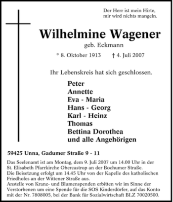 Traueranzeige von Wilhelmine Wagener von Tageszeitung