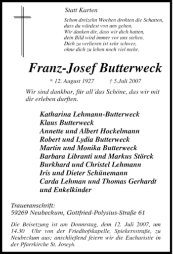 Traueranzeige von Franz-Josef Butterweck von Tageszeitung