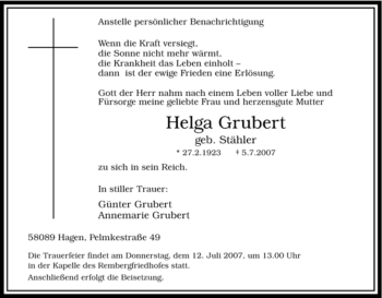 Traueranzeige von Helga Grubert von Tageszeitung