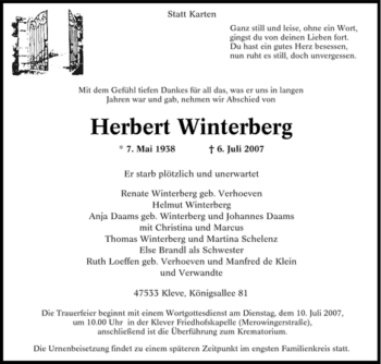 Traueranzeige von Herbert Winterberg von Tageszeitung