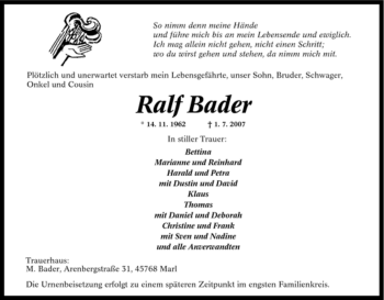 Traueranzeige von Ralf Bader von Tageszeitung