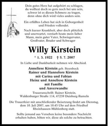 Traueranzeige von Willy Kirstein von Tageszeitung