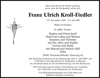 Traueranzeige von Franz Ulrich Kroll-Fiedler von Tageszeitung