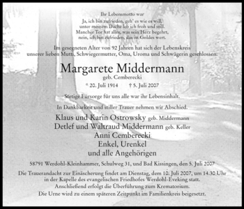 Traueranzeige von Margarete Middermann von Tageszeitung