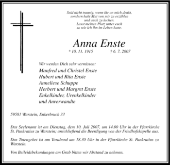 Traueranzeige von Anna Enste von Tageszeitung