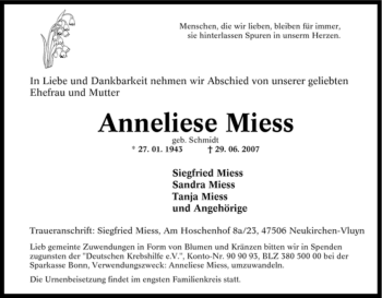 Traueranzeige von Anneliese Miess von Tageszeitung